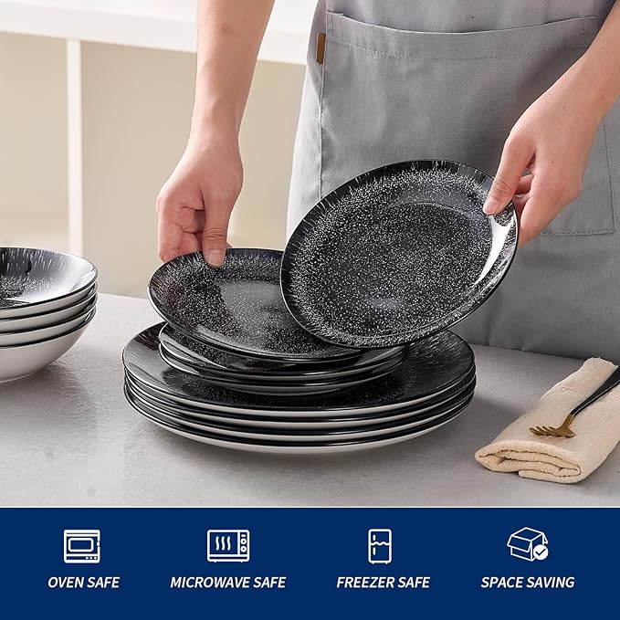 Bestone 12-Piece Round Porcelain Dinnerware Set Service for 4 Chip Resistant Plates and BowlsBlack Dishwasher &amp Microwave Safe for Home Daily Use