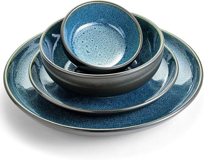 Sango 16-Piece Stoneware Dinnerware Set for 4 Glossy Black/Blue Big Dinner Plates and Bowls Sets with Reactive Glaze Ceramic Dish Set Modern Beautiful Dishes Microwave &amp Dishwasher Safe Reson