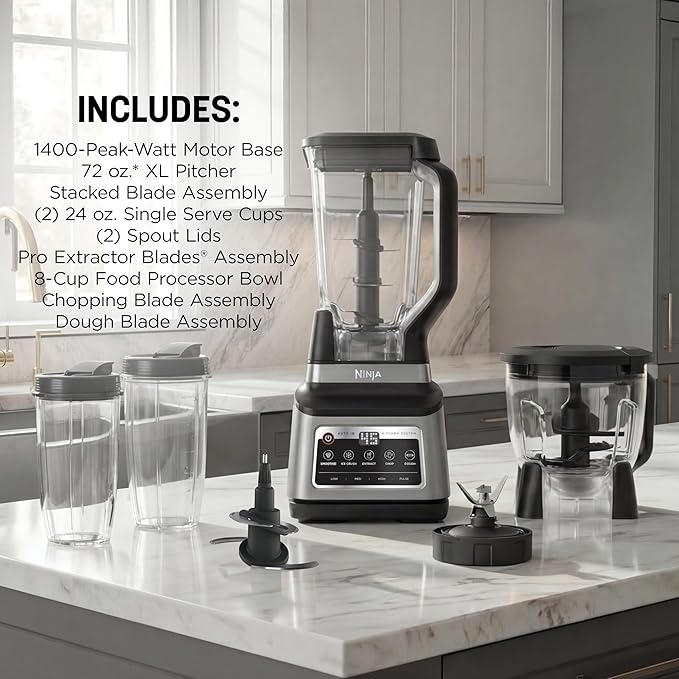 Ninja BN801 Professional Plus Kitchen System 1400 WP 5 Functions for Smoothies Chopping Dough &amp More with Auto IQ 72-oz.* Blender Pitcher 64-oz. Processor Bowl (2) 24-oz. To-Go Cups Grey