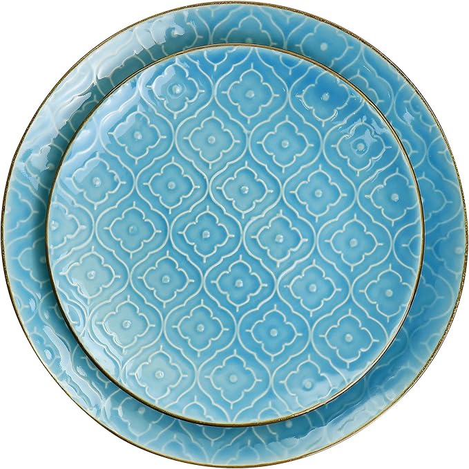 16 Piece Embossed Stoneware Dinnerware Set – Teal Dishes with Glossy Finish and Trimmed Edges Microwave &amp Dishwasher Safe Tableware Set for 4 Elegant Dinner Plates and Bowls