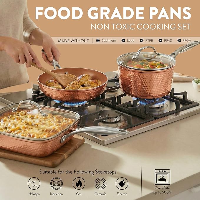 Gotham Steel Hammered 20 Pc Ceramic Cookware Set Nonstick True Ceramic Pots and Pans Set Non Stick with Deep Square Pan Set &amp Bakeware Set Non Toxic PFOA PFOS Free Oven &amp Dishwasher Safe