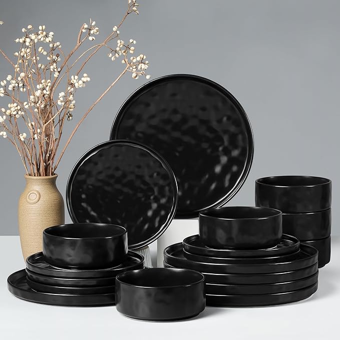 HaWare Dinnerware Sets 18-Piece Plates and Bowls Set Stoneware Dish Set for 6 Ceramic Dinnerware for Home Restaurant Chip and Scratch Resistant Microwave and Dishwasher Safe Matte Black