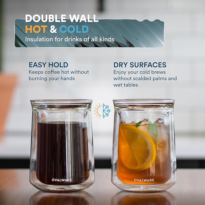 ovalware Pour Over Coffee Dripper Maker Paperless Stainless Steel Filter Precision Measuring Cup and Carafe with Double Wall Single Lip Insulated Glass Minimalistic Double Wall Drinkimg Mug