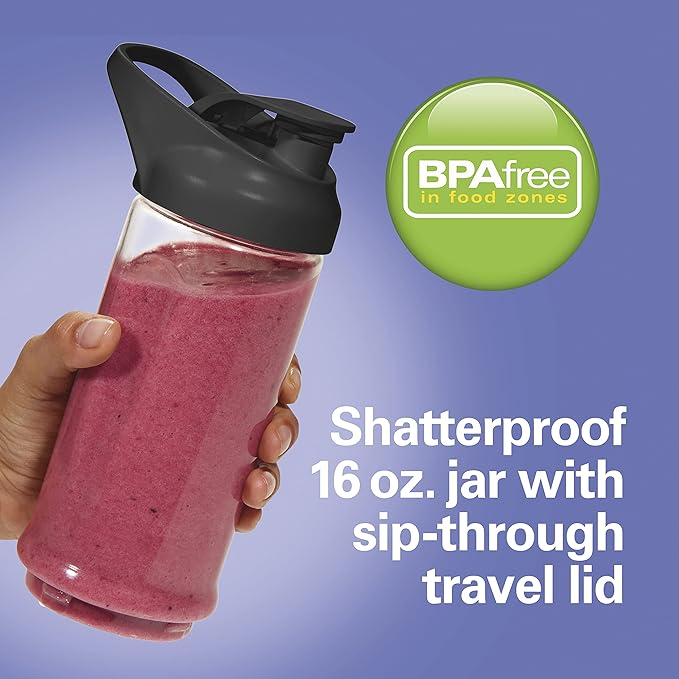 Hamilton Beach Mini Cordless Portable Personal Blender for Shakes and Smoothies USB Rechargeable 16 oz. Jar with Leakproof Travel Lid 6 Stainless Steel Blades Black (51180)