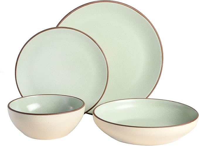 Gibson Elite Contempo Classic 16-Piece Double Bowl Dinnerware Set Service for 4 – Mint Stoneware Plates and Bowls