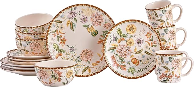 Bico Blooming Moment Ceramic 16 pcs Dinnerware Set Service for 4 Inclusive of 11 inch Dinner Plates 8.75 inch Salad Plates 26oz Cereal Bowls and Mugs for Party Microwave &amp Dishwasher Safe
