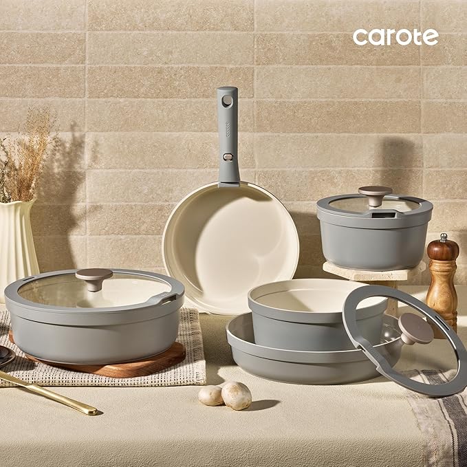 Carote 20pcs Ceramic Cookware Set with Detachable Handles Pots and Pans Set Non Stick RV Kitchen Cooking Pot and Pan Dishwasher Safe Non-toxic Induction Cookware PFAS and PFOA Free Grey