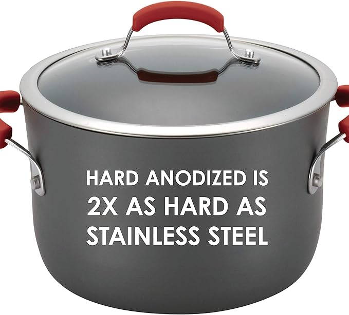 Rachael Ray - 87661 Rachael Ray Brights Hard Anodized Nonstick Cookware Pots and Pans Set 12 Piece Gray with Red Handles