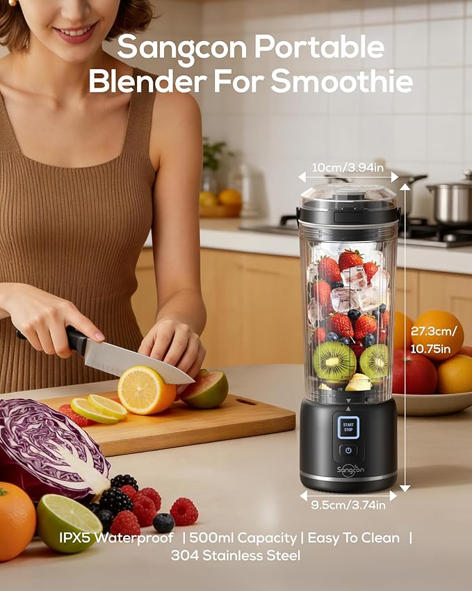 Sangcon Personal Portable Blender for Shakes &amp Smoothies 6000mAh Cordless USB-C Rechargeable Blender with 2 Blend Modes Leakproof Travel Lid Dishwasher Safe Ideal for Gym Office Kitchen BPA-F