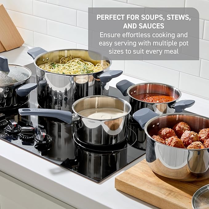 T-fal Essentials Stainless Steel Cookware Set 12 Piece Induction Compatible Oven Safe 350F Cooking Set w/Stewpots Stockpot Saucepan Lids &amp Tools Measuring Marks Dishwasher Safe Silver/Blu