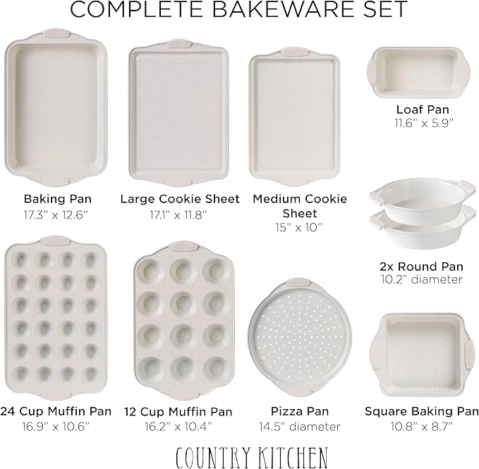 Country Kitchen Cookware &amp Bakeware Bundle- Removable Handle Cookware Set and Vaarious Baking Pans Including Muffin Tins Cookie Sheets Crisper and Loaf Pans