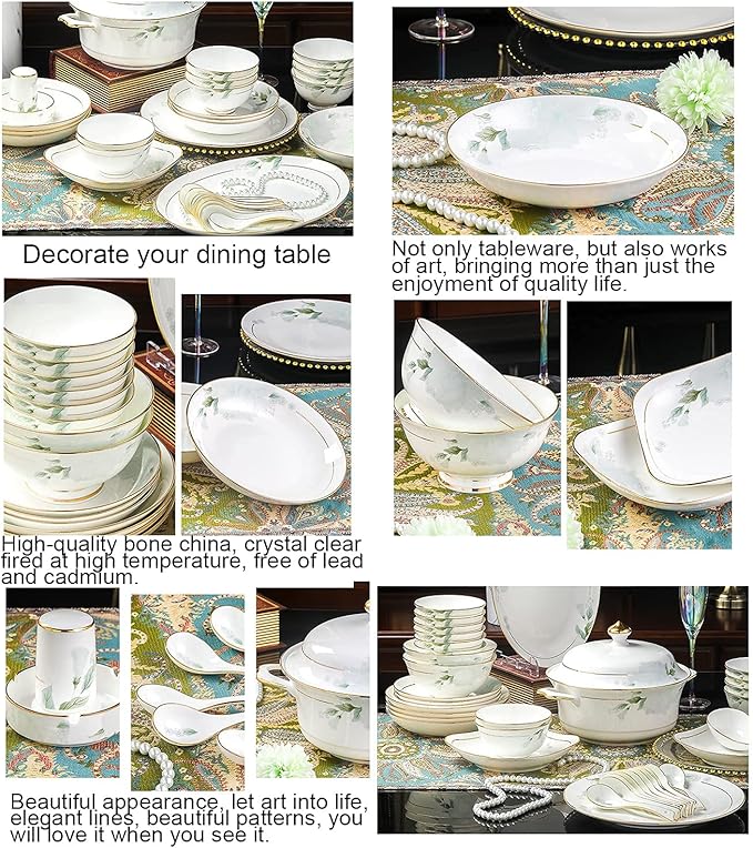 Bone China Dinner Set Porcelain White Dinnerware Kitchen Dinning Round Tableware Combination Set with Cereal Bowls Dessert Plates and Soup Plates (68 Pieces Service for 10 People)
