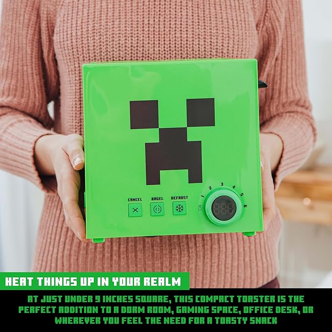 Minecraft Green Creeper 2-Slice Toaster For Bagels Waffles and Breads | Features 6 Settings With Defrost Option | Imprints Creeper Symbol On Bread