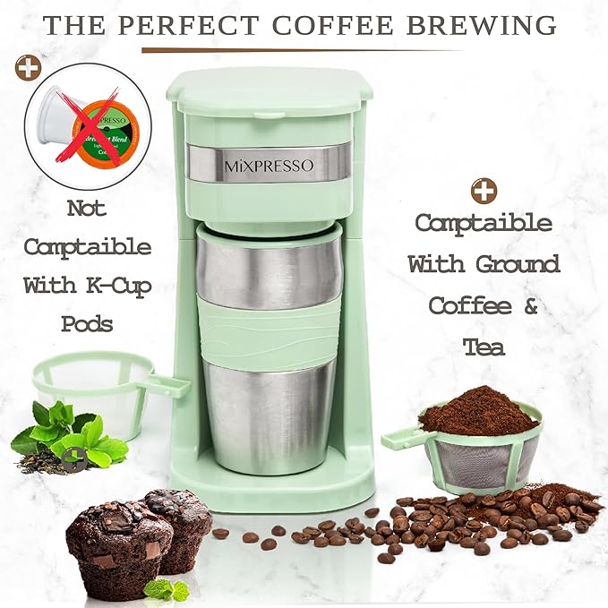 Mixpresso Green Personal Single Serve Coffee Maker with 14oz Travel Mug Drip Small Coffee Maker with Auto Shut Off Reusable Filter Works with Ground Coffee Only – Not for K-Cup Pods