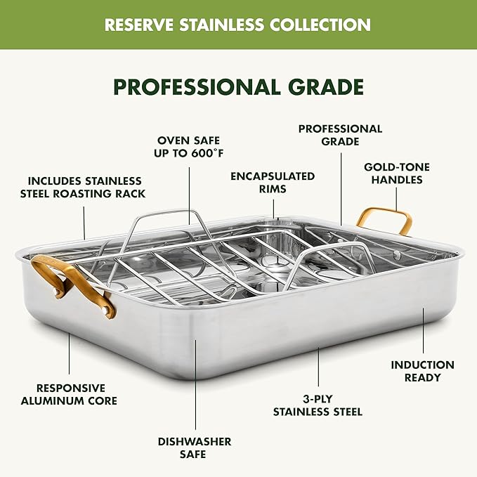 GreenPan Reserve 16 x 13 Tri-Ply Stainless Steel Roasting Pan with Roaster Rack Multiclad Cookware Induction Suitable Gold Stainless Steel Handles Dishwasher &amp Oven Safe Silver