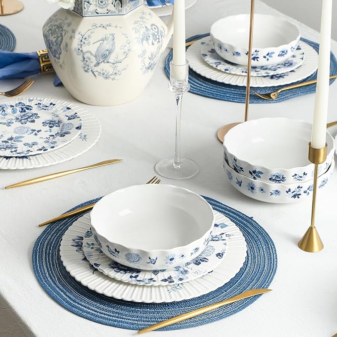 Stone Lain Fiore 24-Piece Dinnerware Set New Bone China Blue