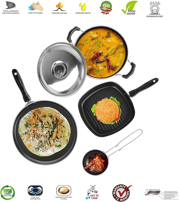 Sumeet 2.6mm Thick Non-Stick Piros Cookware set (Dosa Tawa – 26.5cm Dia + Kadhai With Lid – 1.5Ltr capacity- 20cm Dia + Grill Pan – 1.1Ltr Capacity – 22cm Dia + Tadka Pan – 10cm Dia)