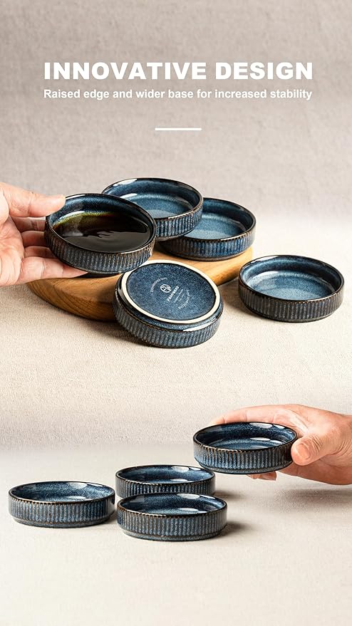 Famiware Dinnerware Set for 4 (12 Piece) and 4oz Dipping Bowl Set (6 Piece) - Star Stoneware Dishes - Nebulas Blue