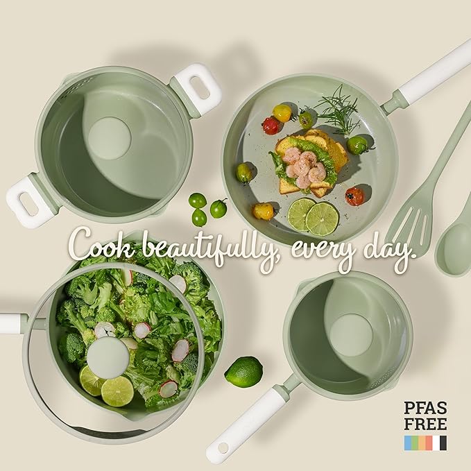 CAROTE Pots and Pans Set Non stick 15pcs Ceramic Cookware Set Nonstick Non Toxic CookwareDishwasherRV/Camping Cookware SetGreen