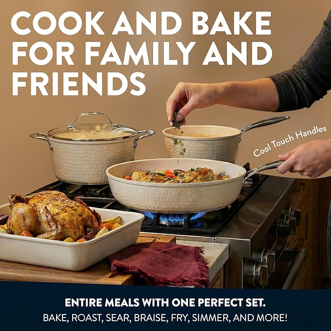 Gotham Steel Hammered 15 Pc Ceramic Cookware Set Nonstick Pots and Pans Set Non Stick with Induction Cookware Cooking Utensils &amp Steamer Non Toxic PFOA PFOS Free Oven &amp Dishwasher Safe