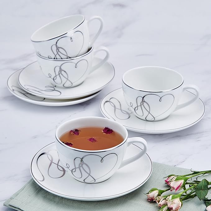 Mikasa Love Story Platinum Banded Teacup and Saucer Set Set of 4 9.6-Ounce
