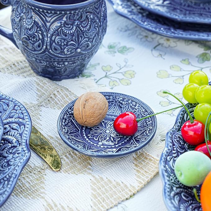Sungmor Embossed Stoneware Fine Dining Dinnerware Antique Baroque Style Porcelain 4 Inch Soy Saucer Dish Set of 4 Sophisticated Ceramic Dipping Bowl Appetizer Dessert Plate Ketchup Spices Bowl
