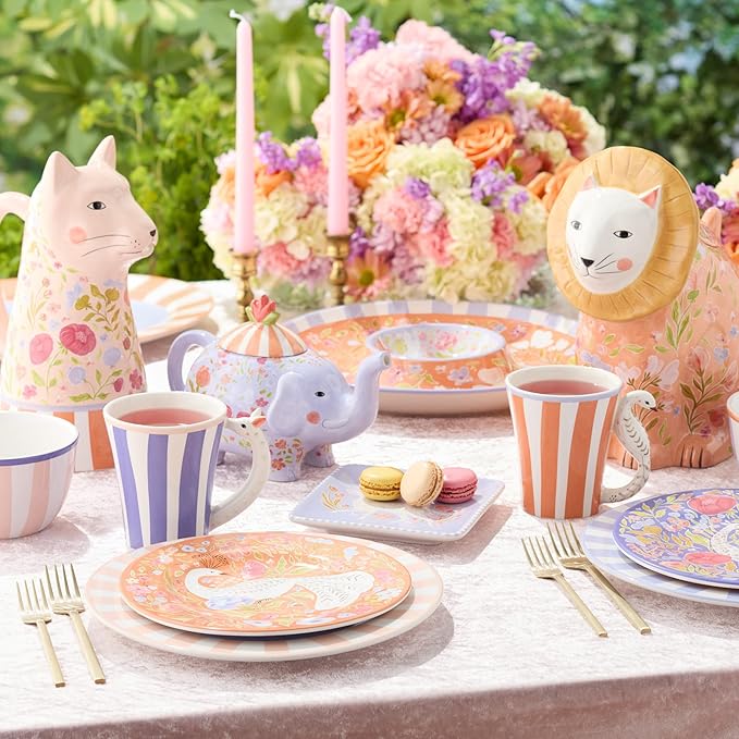 Menagerie 16-Piece Ceramic DINNERWARE SET SERVICE for 4 with Assorted Animal-Themed Dinner Plates Salad Plates 3-D Handle Mugs and Ice Cream Bowls in Pastel Circus Colors