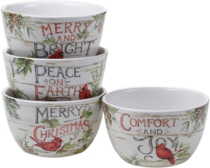 Evergreen Christmas 16-Piece Dinnerware Set – Ceramic Holiday Plates Bowls &amp Mugs with Cardinal &amp Script Design – Service for 4 – Festive Dining for Christmas Gatherings