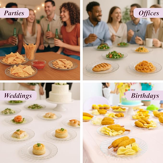 Aya's Cutlery Kingdom 50 Pack Clear Plastic Plates 9 Inch - Heavy Duty Round Disposable Plates for Parties Weddings and Events - Elegant Party Plate for Serving Appetizers Salads and Desserts