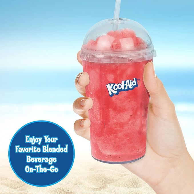 Nostalgia Kool-Aid Slush ‘N Go Personal Blender for Smoothies Slushies Shakes and Fruit Blends Includes Two 15 Oz Travel Bottles Cup Lid and Reusable Straw Blue