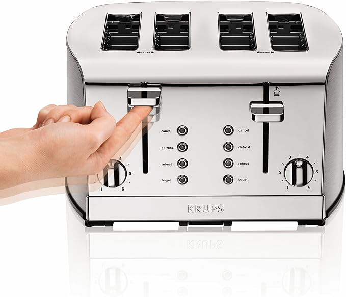 KRUPS: Breakfast Set Stainless Steel Toaster 4 Slice 1500 Watts 6 Brown Settings Defrost Reheat High Lift Lever Silver Matte and Chrome