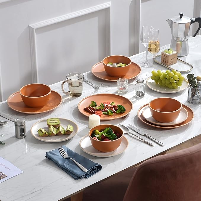 Melamine Dinnerware Sets 12pcs Plates and Bowls for 4 Unbreakable Dinnerware Sets Ideal Dinnerware for Party Unbreakable BAP free Dishwasher Safe Red Color (Terracotta Color)