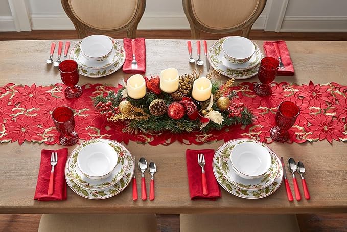 BrylaneHome 16 Piece Christmas Dinnerware Set (Service for 4) Includes Dinner &amp Salad or Dessert Plates Bowls Mugs Red &amp Green Holly &amp Holiday Ribbon Pattern - White