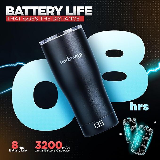 X Heated Coffee Mug 19 oz. 8 Hour Battery Life Self-Heating Adjustable Temp Controlled LCD Screen One Button Temperature Adjustment Includes Cover with Magnetic Slider (Black) (Black)