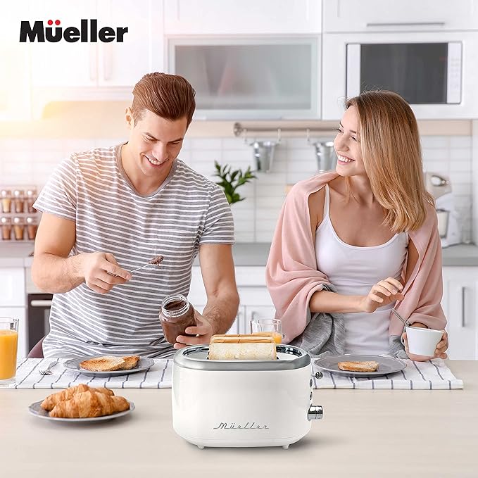MUELLER HOME Retro Toaster 2 Slice 7 Browning Levels 3 Functions (Reheat Defrost Cancel) Stainless Steel Features Removable Crumb Tray Under Base Cord Storage White Toaster Kitchen Appliances