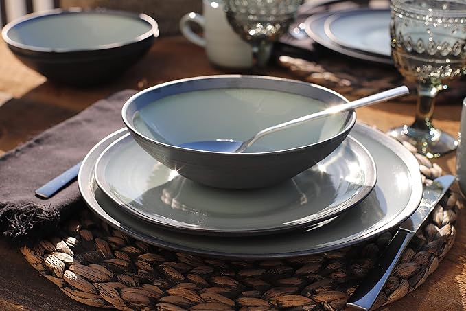 Euro Ceramica Euro Ceramica DIA-1001 Diana 16 Piece Modern Dinnerware Set Dinner Salad Plate Soup Bowl Mug Service for 4 Mint Green/Graphic Grey