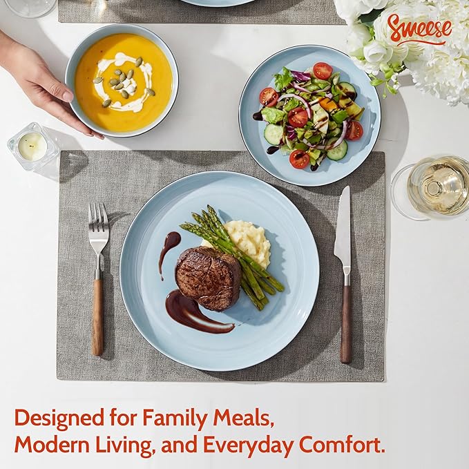 Sweese Porcelain Dinnerware Set of 6 Lightweight Round Plates and Bowls Set - Dishwasher Microwave Oven Safe Scratch Resistant Dinner Sets Kitchen Dishes Set Black &amp Blue