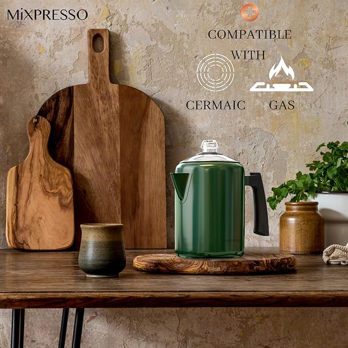 Mixpresso Green Stainless Steel Coffee Percolator Stovetop 37oz Classic Percolator Coffee Pot Great For Camping Pot 5-8 Cup Stove Top Espresso Maker Cool-Touch Handle