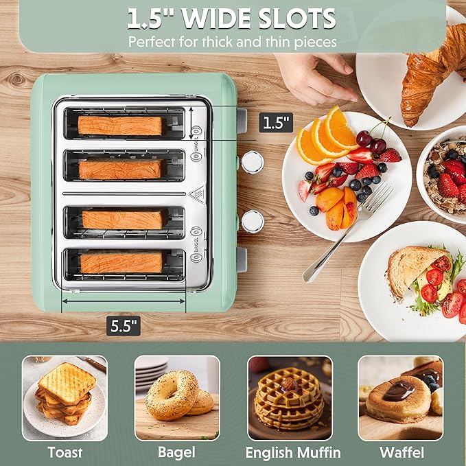 BUYDEEM DT640 Retro 4 Slice Toaster 7 Shade Settings Extra Wide 1.5'' Slots Stainless Steel Toaster with Bagel Muffin Defrost Reheat Function Green