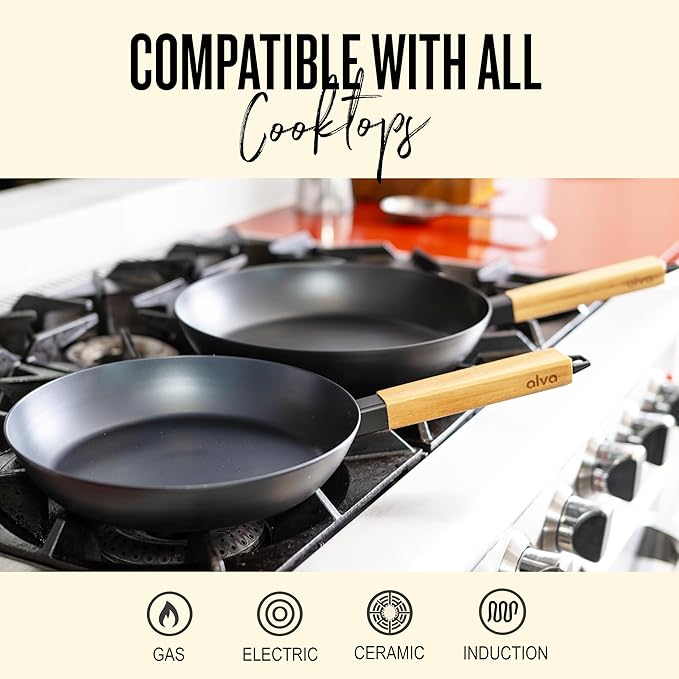 Alva Forest 11 Carbon Steel Frying Pan – Naturally Nonstick Pre-Seasoned Skillet Acacia Wood Handle Toxic Free (No PTFE/PFOA) Induction &amp All-Stovetop Safe Lightweight &amp Durable Cookware