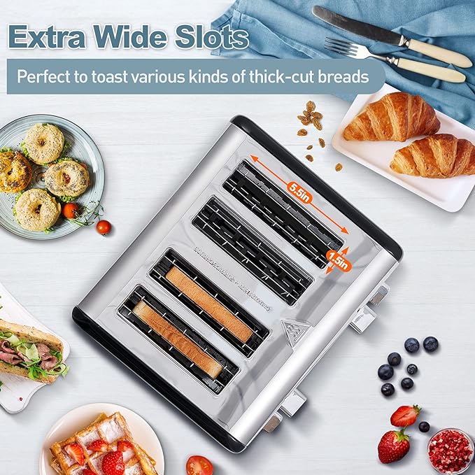 CUSIMAX 4 Slice Toaster Stainless Steel Ultra-Clear LED Display &amp Extra Wide Slots with Dual Control Panels of 6 Shade Settings Cancel/Bagel/Defrost Function Removable Crumb Trays Black