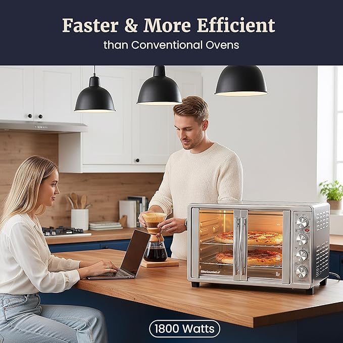 Elite Gourmet ETO-4510M French Door 47.5Qt 18-Slice Convection Oven 4-Control Knobs Bake Broil Toast Rotisserie Keep Warm Includes 2 x 12 Pizza Racks Stainless Steel