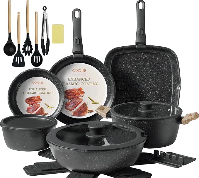 23Pcs Ceramic Cookware Set Non Stick Pots and Pans Set Non Toxic with Detachable Handle Induction Kitchen Cookware Set Space Saving Oven &amp Dishwasher Safe Black