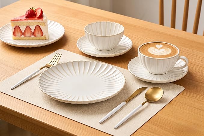 Stoneware Dinnerware Set 12-Piece Wavy Retro Design with Farmhouse Charm Microwave &amp Dishwasher Safe Ideal for Daily Meals &amp Friend Gatherings Includes Dinner &amp Salad Plates Bowls