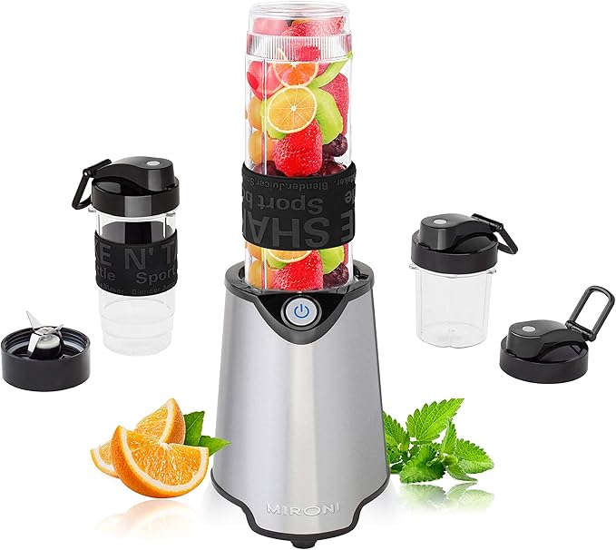 Mironi Personal Smoothie Blender 2-in-1 Single Serve Blender Mini Bullet Blender 500W With 20 Ounce Tritan Sports Bottle and Grinder Cup for Juices Shakes Smoothies and More Stainless Steel
