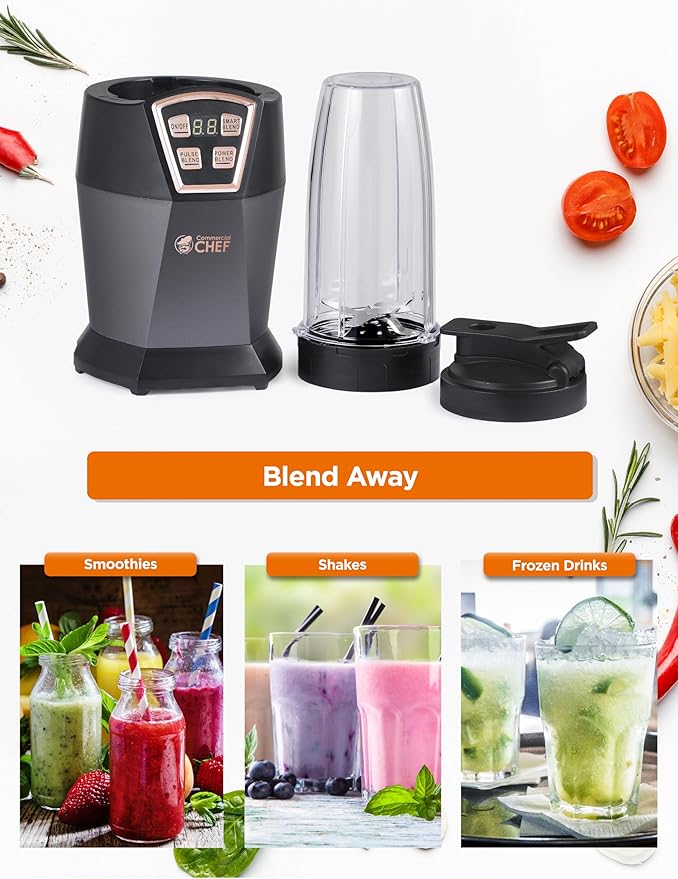COMMERCIAL CHEF Personal Blender With 3 Modes for Smoothies Shakes &amp More - 1000W With 6 Stainless Steel Blades and LED Display
