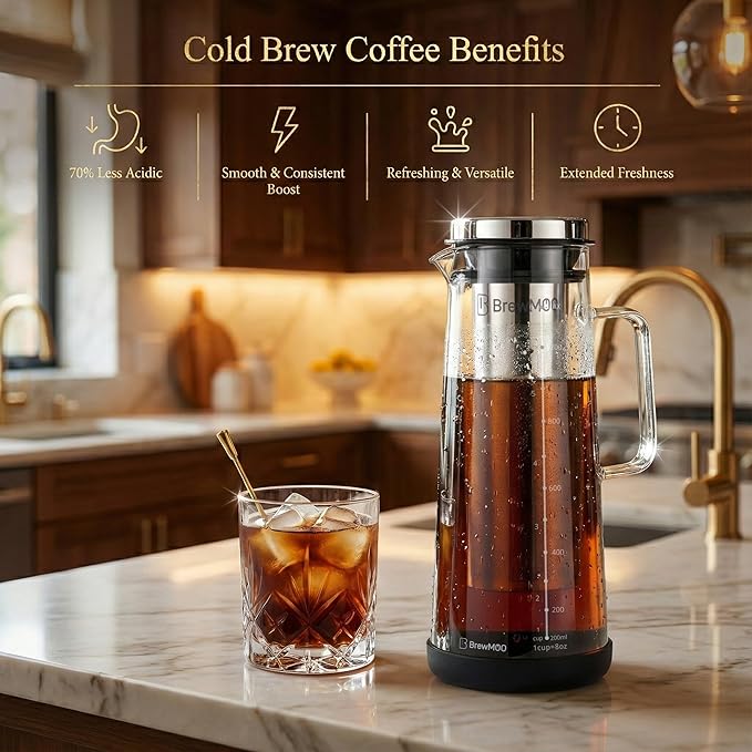 BrewMOO- Airtight Cold Brew Coffee Maker Pitcher 1.4L/48Oz Thick Glass Carafe with Filter Comfort Sturdy Handle &amp Wide Spout Non-Slip Base | Iced Tea Maker (Black)