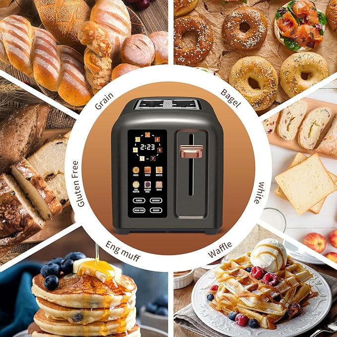 SEEDEEM Toaster 2 Slice Touch Control Stainless Toaster LCD Display 50% Faster Heating Speed 1.4'' Wide Slots More Timer Functions Removable Crumb Tray 1350W Dark Metallic