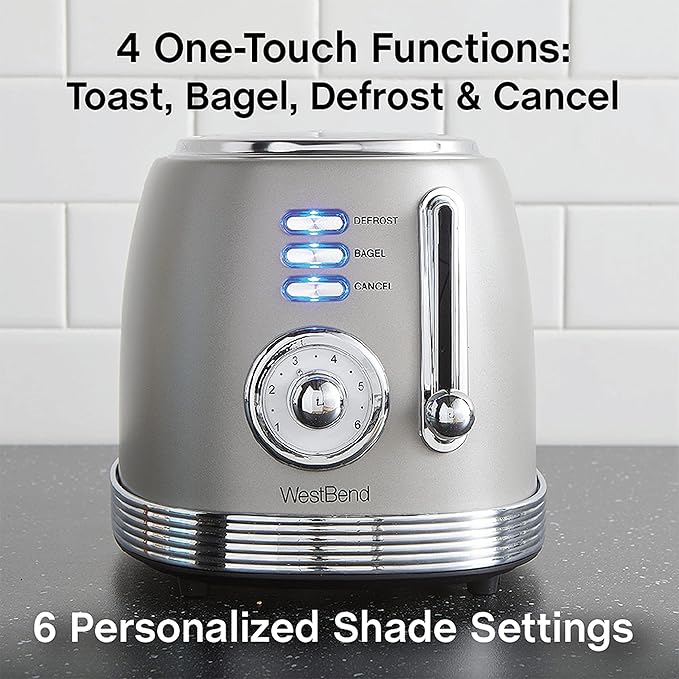 West Bend Toaster 2 Slice Retro-Styled Stainless Steel with 4 Functions and 6 Shade Settings 850-Watts Gray