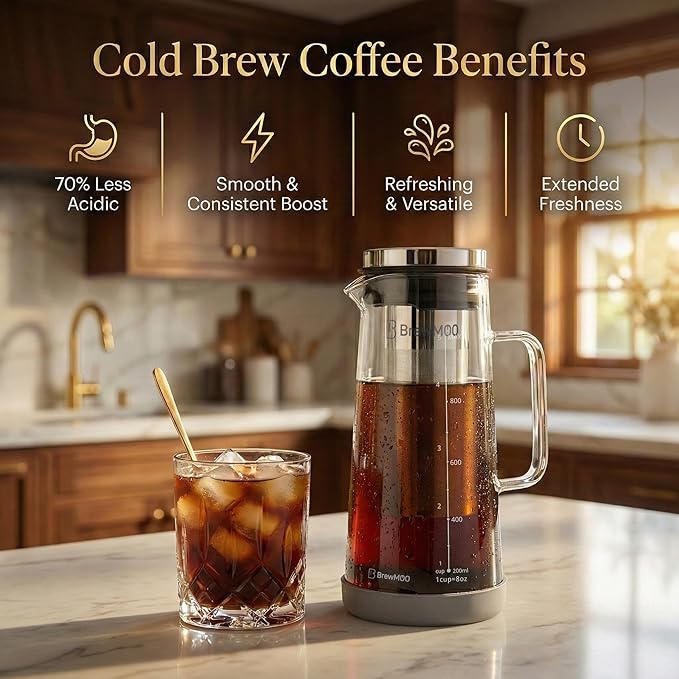 Cold Brew Coffee Maker Pitcher 1.0L/34Oz Airtight Borosilicate Glass Carafe with 150 Mesh Precision Filter | Barista Grade Iced Coffee Maker Integrated Glass Handle &amp Non Slip Base (Grey)